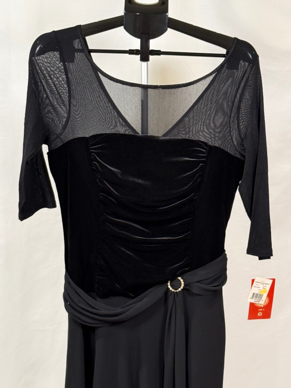 Sangria Black Velvet Mesh Dress NWT Size 14 Elegant Formal Rhinestone Waist